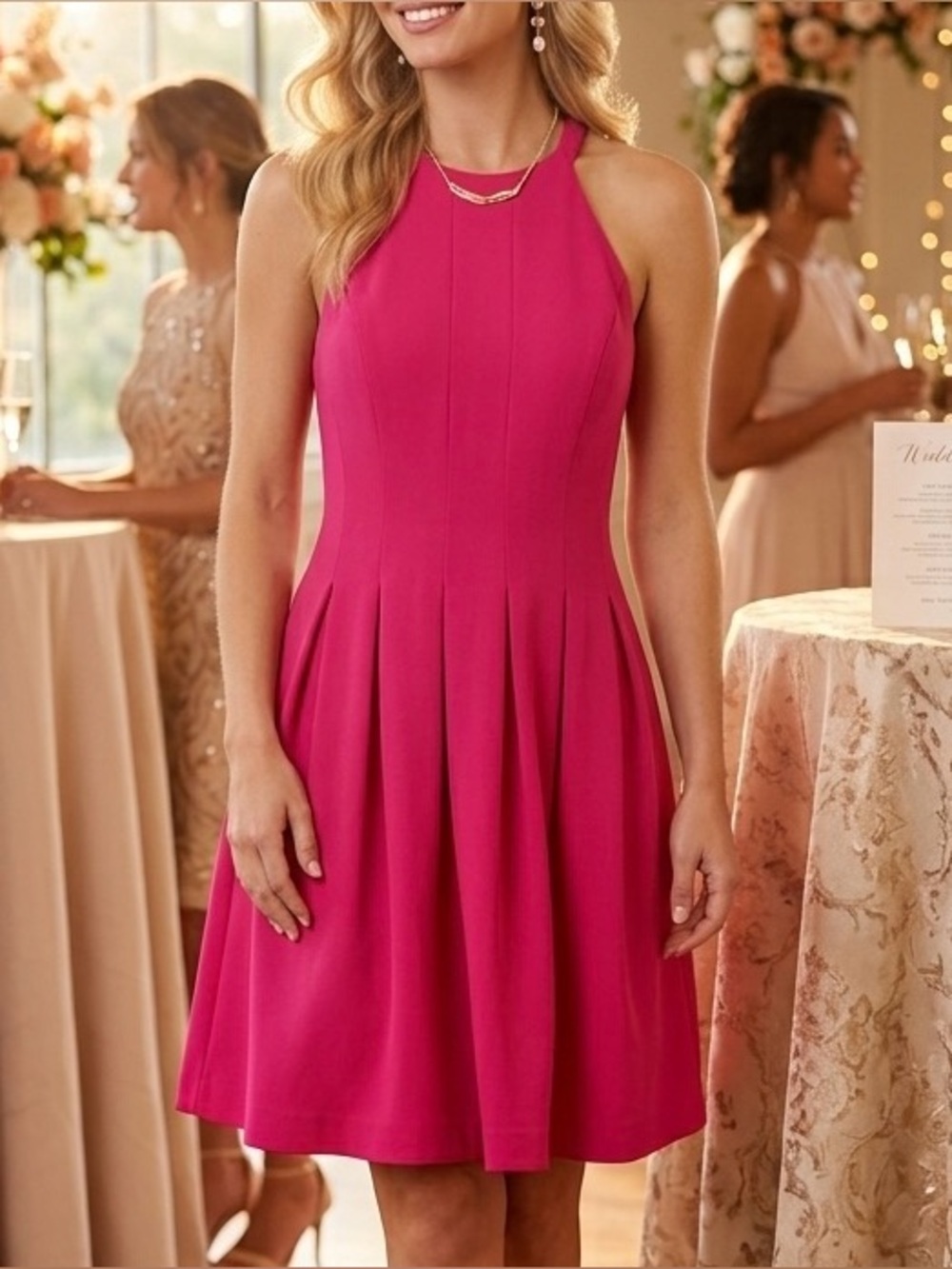 NWT Calvin Klein Hibiscus Pink High Neck Fit and Flare Ponte Dress with Pockets